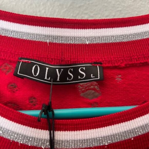 Distressed Olyss Red Short Sleeve ripped T-Shirt With Rhinestone & Chain sz L - Picture 3 of 9